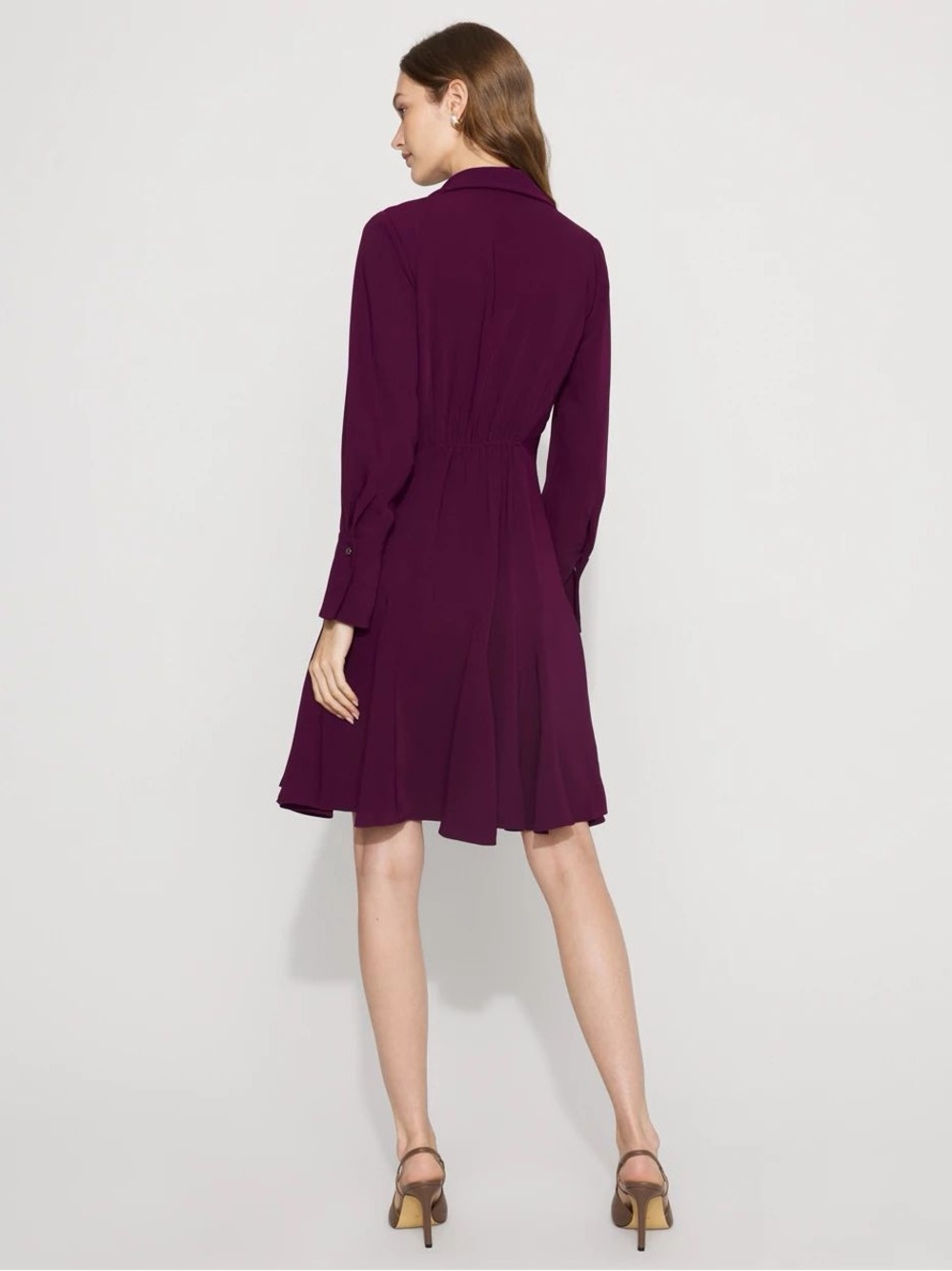 NEW WHBM Long Sleeve Tie Neck Godet Mini Dress in Rich Plum Purple - Size 12 - Picture 2 of 10